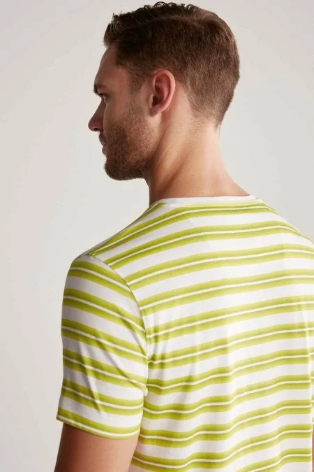 Beyaz Yeşil Çizgili Bisiklet Yaka Saf Pamuk T-Shirt