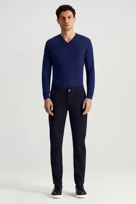 Saf Pamuk Slim Fit 5 Cep Lacivert Yazlık Chino Pantolon