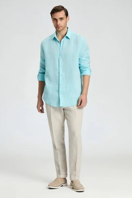 Turkuaz Saf Keten Spor Gömlek
