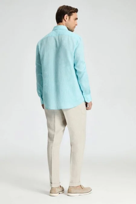Turkuaz Saf Keten Spor Gömlek