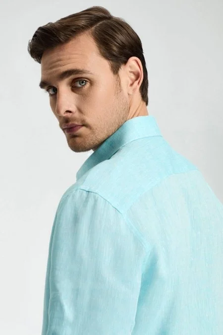 Turkuaz Saf Keten Spor Gömlek