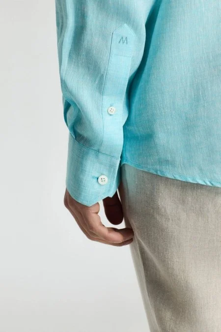 Turkuaz Saf Keten Spor Gömlek