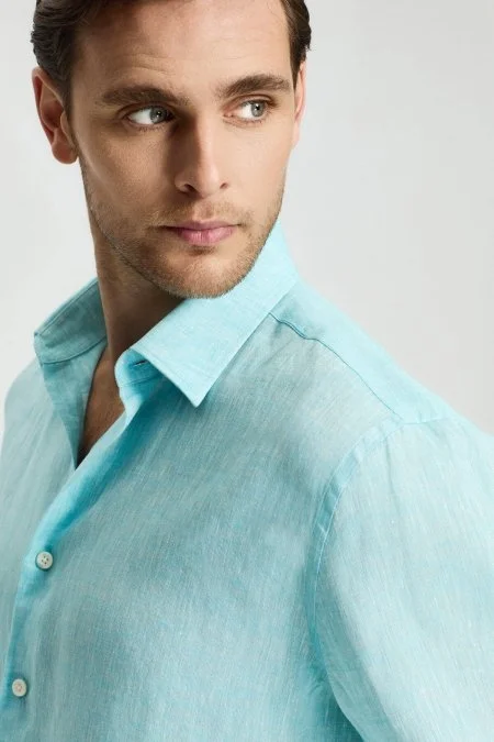 Turkuaz Saf Keten Spor Gömlek