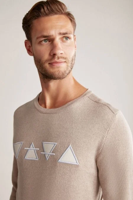 Üçgen Desen Camel Merino Yün Triko