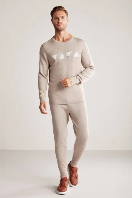 Üçgen Desen Camel Merino Yün Triko