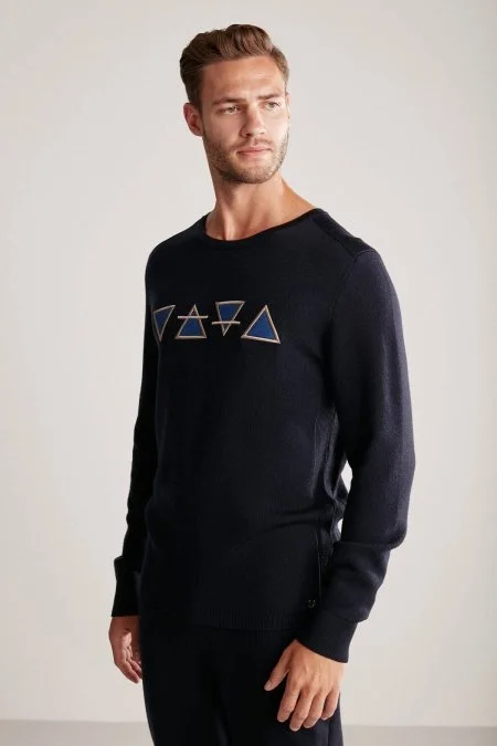 Üçgen Desen Lacivert Merino Yün Triko