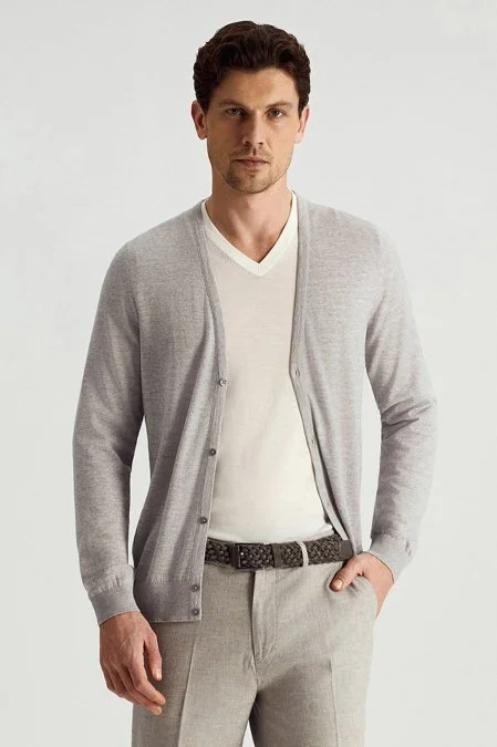 Ultrafine Merino Yünü Açık Gri Triko Hırka