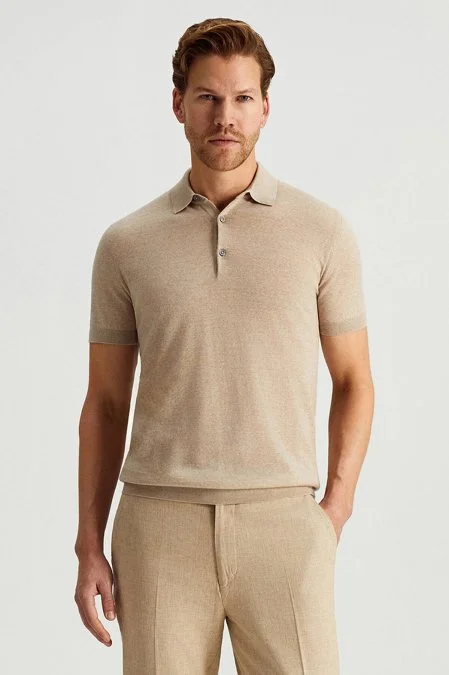 Ultrafine Merino Yünü Bej Triko Polo