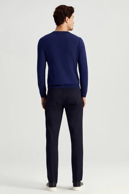 Ultrafine Merino Yünü V Yaka Mavi Triko