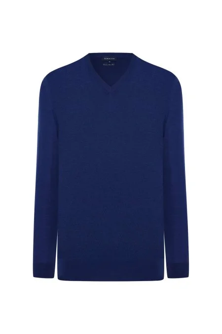 Ultrafine Merino Yünü V Yaka Mavi Triko
