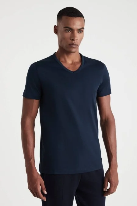 Lacivert V Yaka Basic T-Shirt