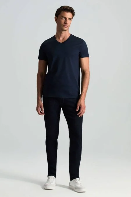 Lacivert V Yaka Basic T-Shirt