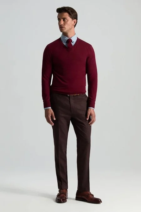 V Yaka Merino Yün Bordo Triko