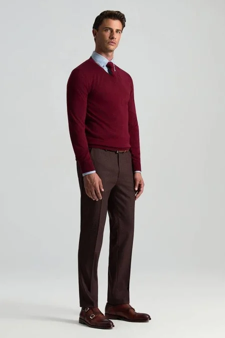 V Yaka Merino Yün Bordo Triko