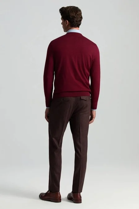V Yaka Merino Yün Bordo Triko