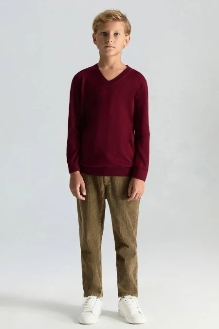 V Yaka Merino Yün Bordo Çocuk Triko