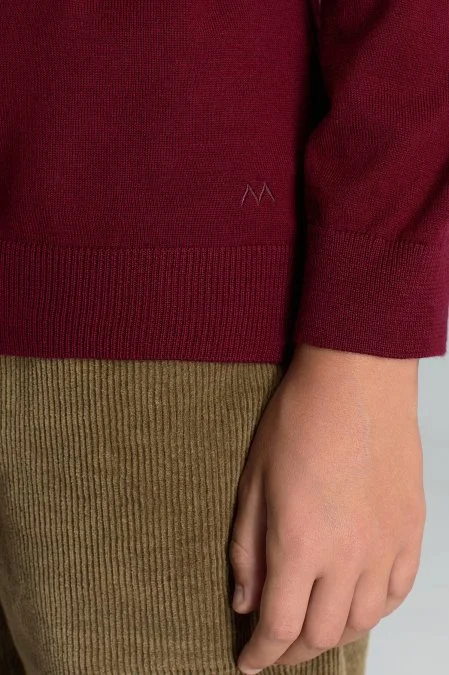 V Yaka Merino Yün Bordo Çocuk Triko