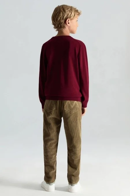 V Yaka Merino Yün Bordo Çocuk Triko