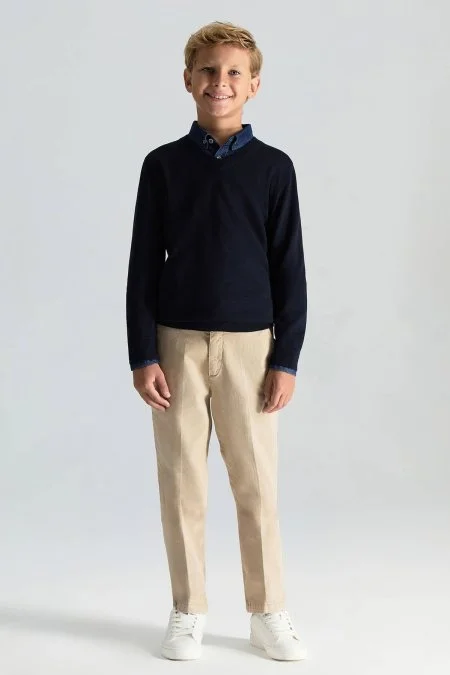 V Yaka Merino Yün Lacivert Çocuk Triko