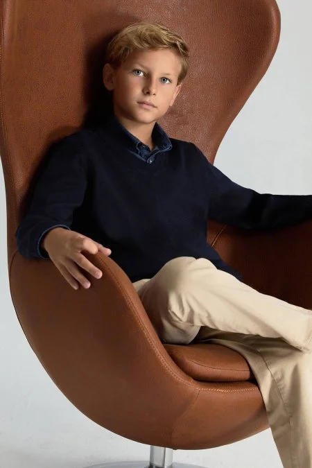 V Yaka Merino Yün Lacivert Çocuk Triko