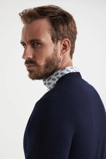 V Yaka Merino Yün Lacivert Triko