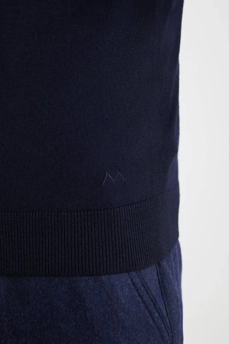 V Yaka Merino Yün Lacivert Triko