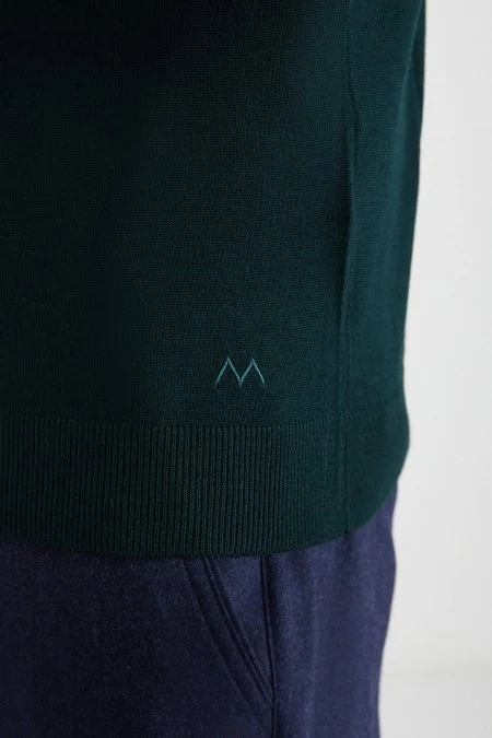 V Yaka Zümrüt Yeşili Merino Yün Triko