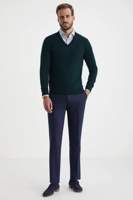 V Yaka Zümrüt Yeşili Merino Yün Triko