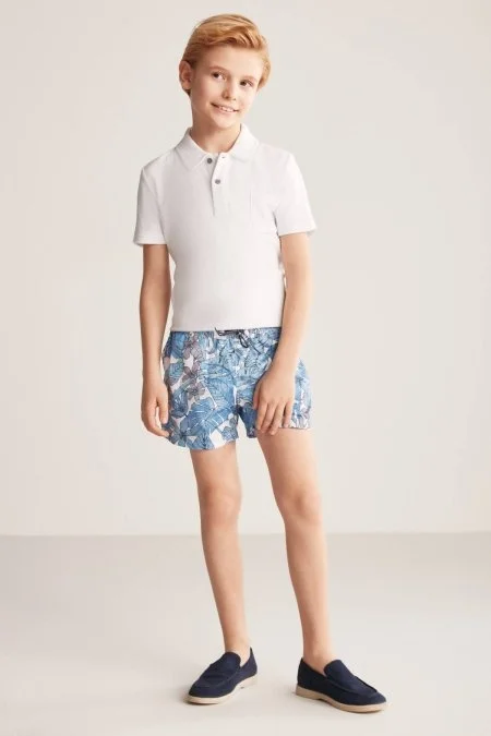 Yaprak Desen Gök Mavisi Quick Dry Çocuk Mayo