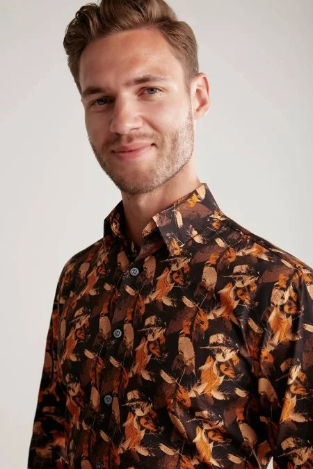 Yaprak Desen Saf Pamuk Gizli Düğme Siyah-Turuncu Gömlek