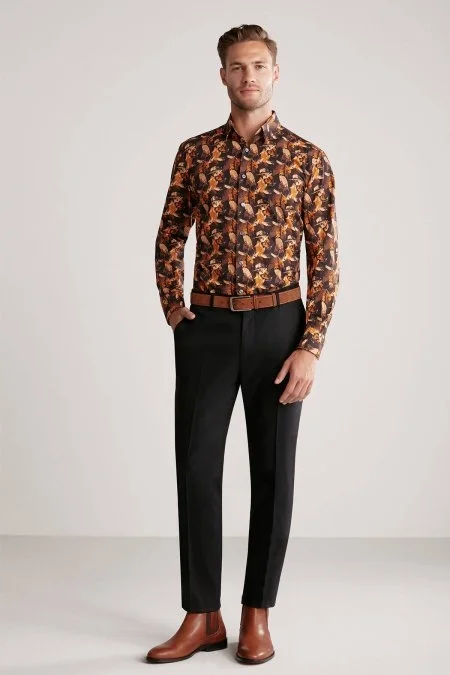 Yaprak Desen Saf Pamuk Gizli Düğme Siyah-Turuncu Gömlek