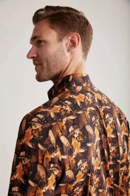 Yaprak Desen Saf Pamuk Gizli Düğme Siyah-Turuncu Gömlek