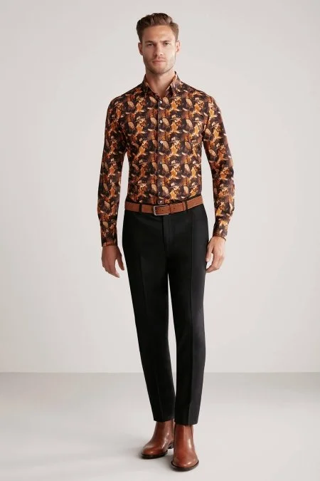 Yaprak Desen Saf Pamuk Gizli Düğme Siyah-Turuncu Gömlek