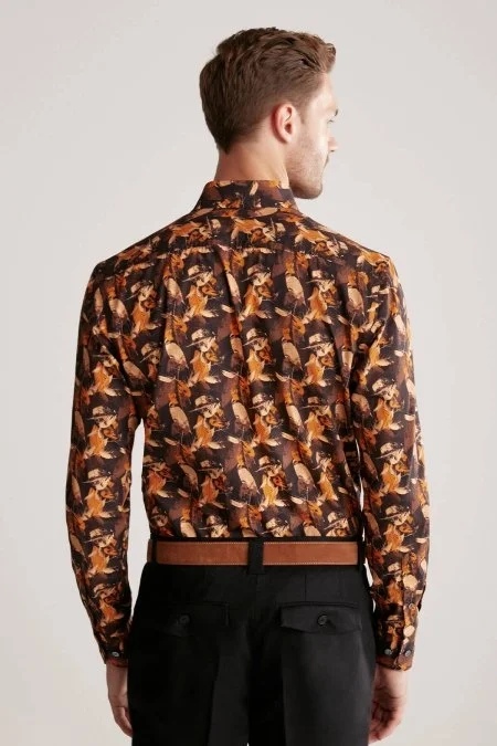 Yaprak Desen Saf Pamuk Gizli Düğme Siyah-Turuncu Gömlek