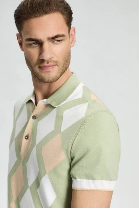 Yeşil Beyaz Baklava Desen Triko Polo