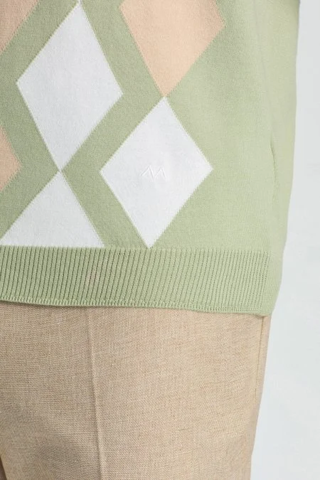 Yeşil Beyaz Baklava Desen Triko Polo