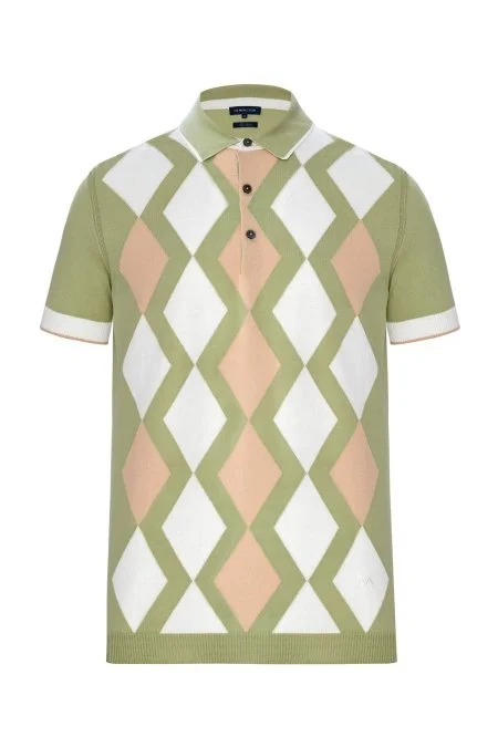 Yeşil Beyaz Baklava Desen Triko Polo