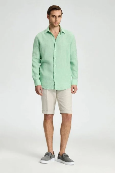 Yeşil Saf Keten Spor Gömlek