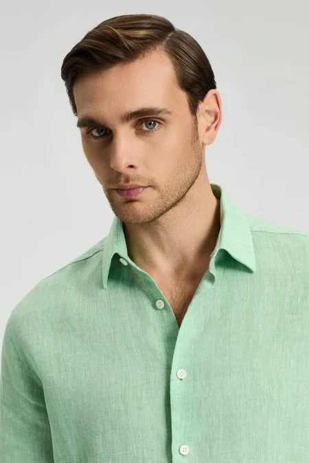 Yeşil Saf Keten Spor Gömlek
