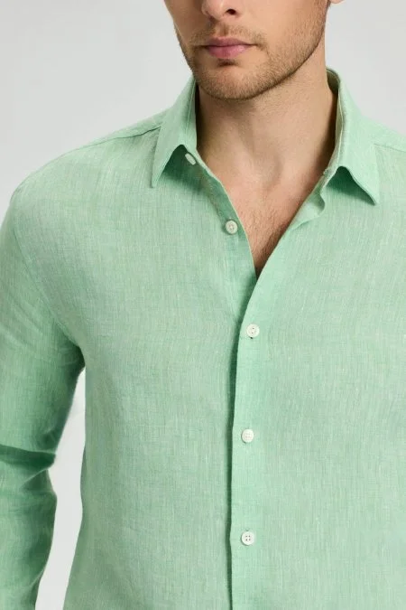 Yeşil Saf Keten Spor Gömlek