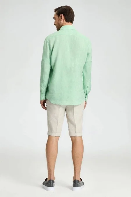Yeşil Saf Keten Spor Gömlek
