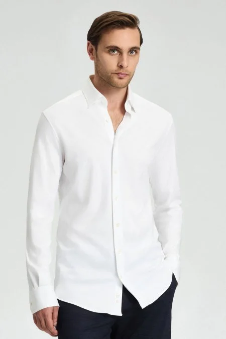 Yumuşak Dokulu Supima Pamuk Gizli Düğme Beyaz Business Gömlek