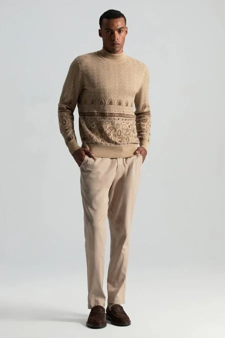 Yün İpek Karışım Paisley Desen Lupetto Yaka Camel Triko