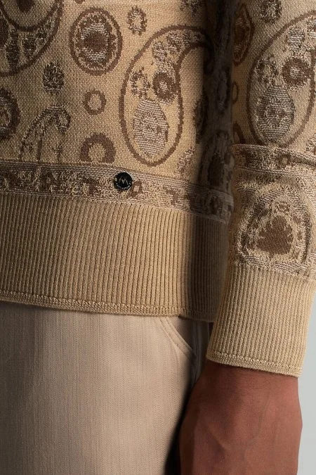 Yün İpek Karışım Paisley Desen Lupetto Yaka Camel Triko
