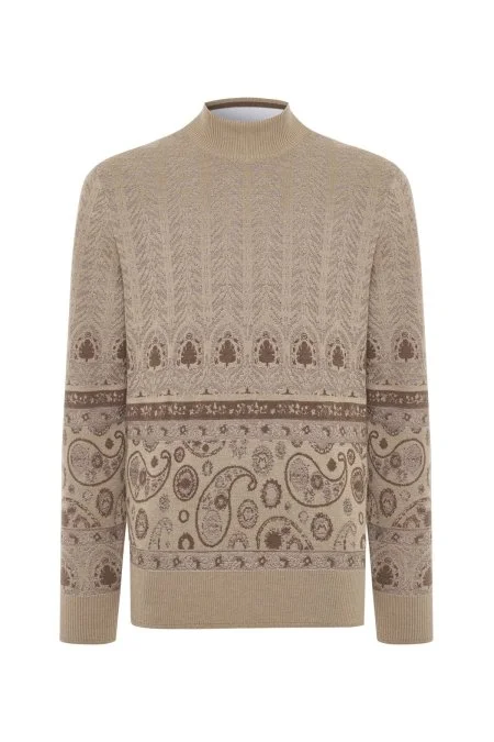 Yün İpek Karışım Paisley Desen Lupetto Yaka Camel Triko
