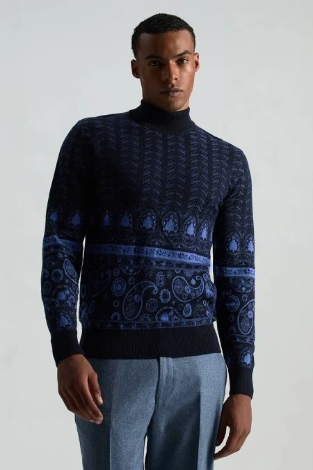 Yün İpek Karışım Paisley Desen Lupetto Yaka Lacivert Triko
