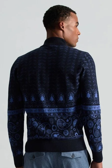 Yün İpek Karışım Paisley Desen Lupetto Yaka Lacivert Triko