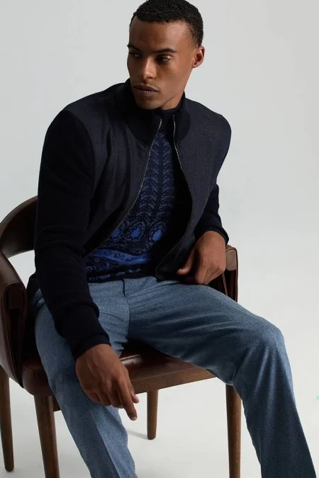 Yün İpek Karışım Paisley Desen Lupetto Yaka Lacivert Triko