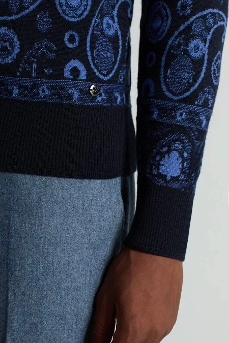 Yün İpek Karışım Paisley Desen Lupetto Yaka Lacivert Triko