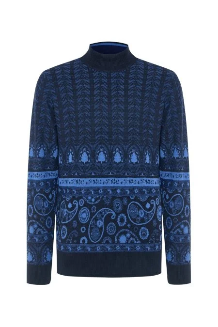 Yün İpek Karışım Paisley Desen Lupetto Yaka Lacivert Triko